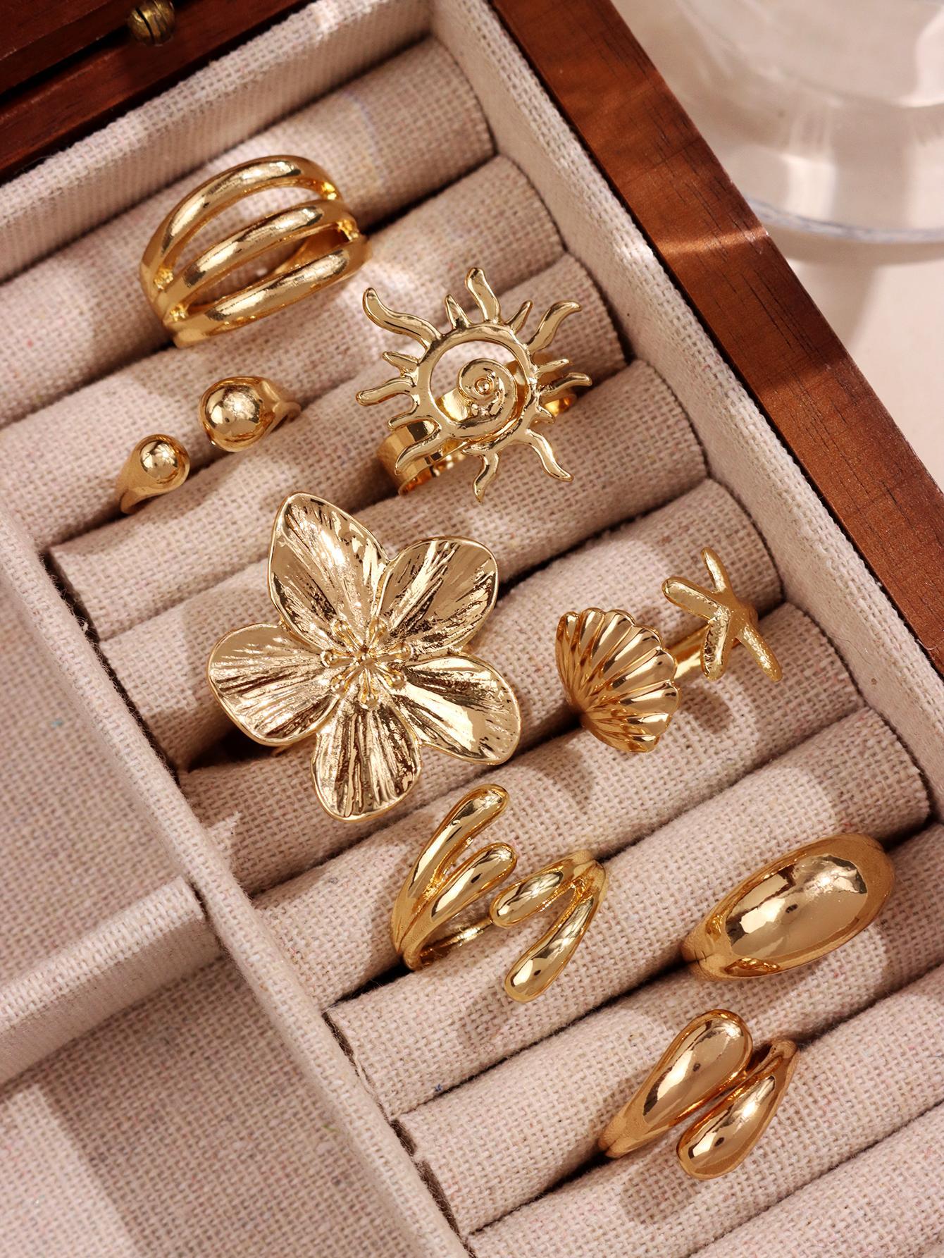 8-piece set: fashionable, bold, unique, high-end, elegant, refined, sparkling, chic, versatile, luxurious jewelry set featuring sunflower and seashell motifs with irregular geometric cutout designs—rings for women’s everyday wear, holiday parties, and sum