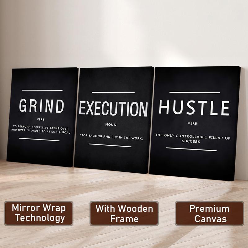 3pcs Wooden Framed Canvas Wall Art, GRIND, EXECUTION, HUSTLE Modern Classic Art Deco Style, Waterproof & Odorless HD 8K Print, Indoor/Outdoor Home Decor for Living Room, Bedroom, Office - Perfect Gift for Friends & Family