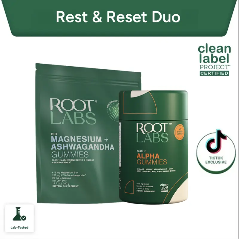 Root Labs Alpha + Liposomal Magnesium Ashwagandha Gummies Bundle | Day & Night Wellness Stack | 4000mg Shilajit with ShilAbsorb® + Liposomal Beadlet Technology | Energy, Deep Sleep & Recovery | 60+60 Gummies