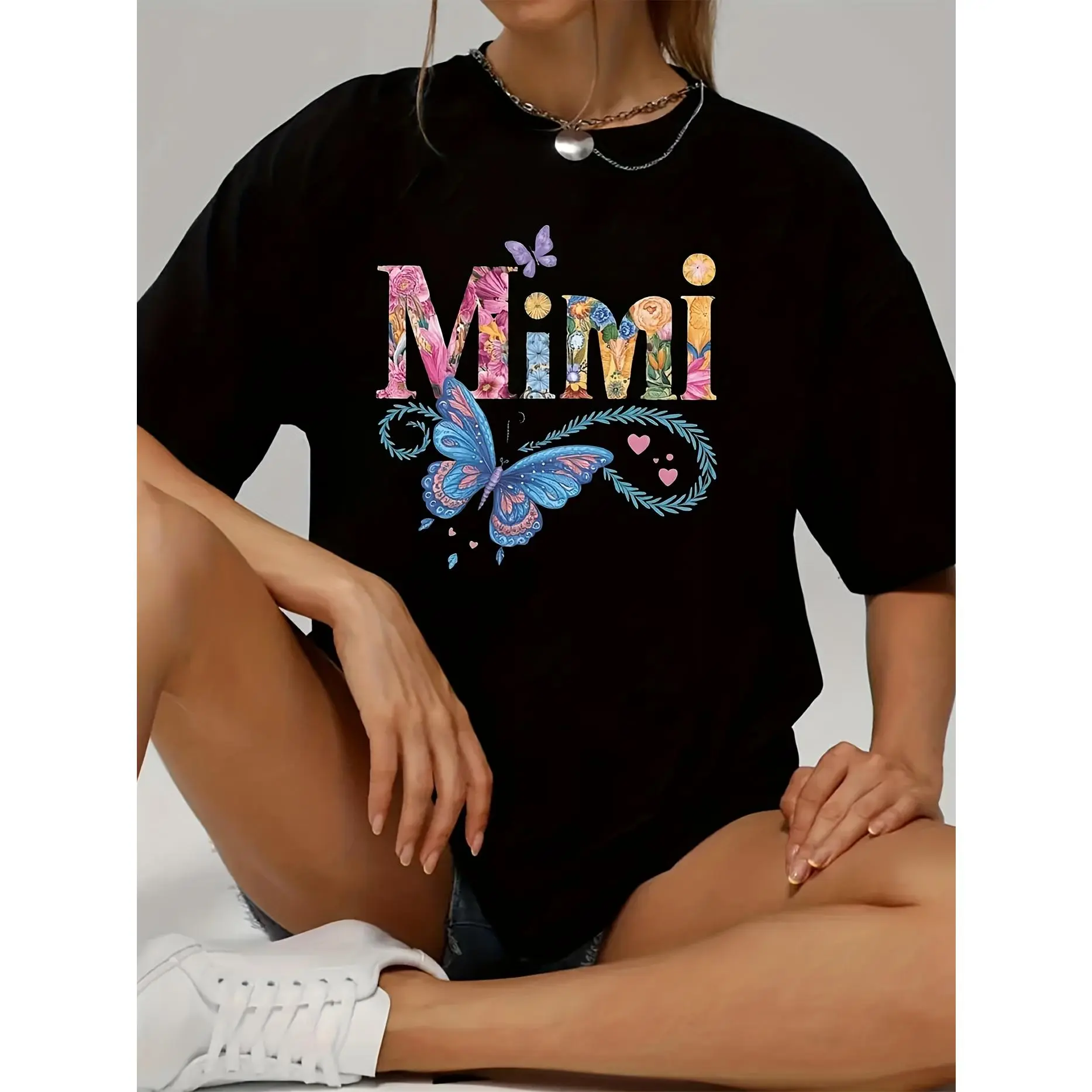 "MIMI" Graphic Tee for Women - Pastel Pink Colorful Lettering T-Shirt, Casual Short Sleeve Top for Spring Summer Fall Outfits & Easy Everyday Wear