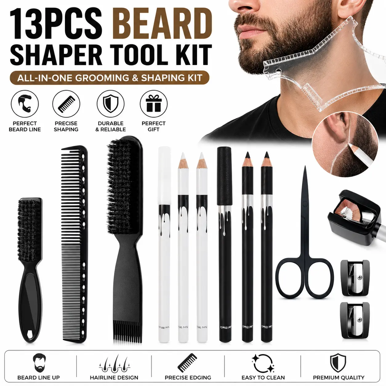 13Pcs Beard Shaper Tool Kit for Men Grooming, White Black Barber Pencil for Lineup Edging with Sharpener, Hairline Beard Guide Shaping Barber Comb Clipper Cleaning Brushes Hair Combs Set