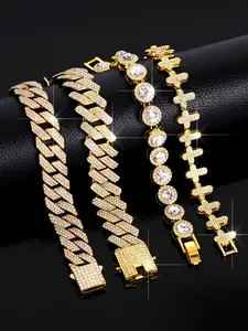 2Pcs Set of Golden Iced - Out Hip - Hop Bracelets, Cuban Link Unique Designs, Shiny and Eye - Catching, Versatile for Trendsetters' Daily Wear & Rap Performances, Cuban Chain Bracelet