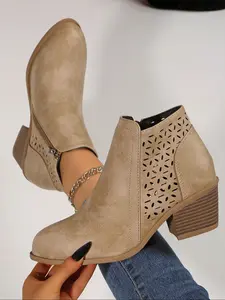 Women's Round Toe Chunky Heel Comfortable Outdoor Casual Fashion Short Boots, Back Cutout Side Zipper Design, Stylish Eu Style, Western Boot