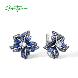 SANTUZZA Created Blue Nano Cubic Zirconia Created Blue Spinel  925 Silver Earrings Lily Flower Trendy Jewelry