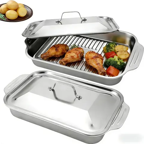 【FallPickDeals】2 Piece Stainless Steel Bakeware Sets Large Cap Heavy-Duty Pans,High-Temp Res.Kitchen Trays for Home/Commercial BBQ,Family Gatherings (Fish Baking,Seafood Buffet,Food Storage Use),Double-Handled Grill Rack,Tray,All-in-1 Buffet-Ready Platter