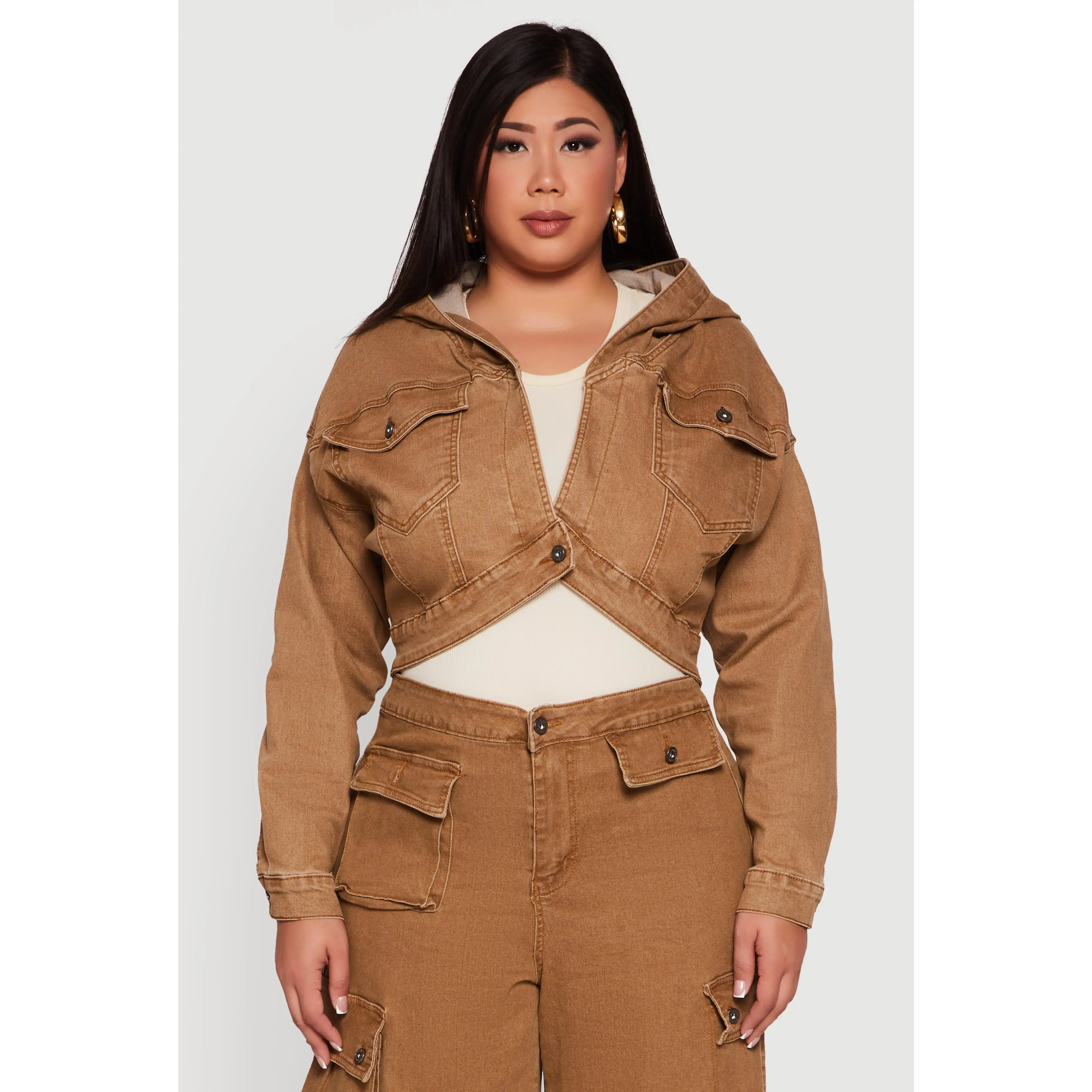 Plus Size Mineral Wash Cropped Hooded Denim Jacket