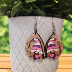 Wood Valentine Girl Gnome Dangle Earring Set