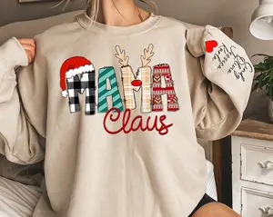 Custom Mama Claus Sweatshirt and Hoodie, Christmas Mama Claus Sweatshirt,Gift for Mom,Custom Mama Sweatshirt with Children Name on Sleeve | 013