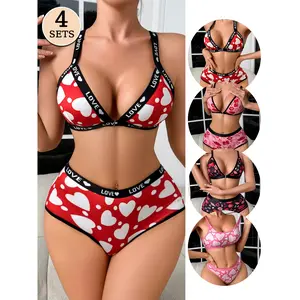 4-piece women's sexy matching lingerie set - soft and comfortable, front-closure bra and low-rise elastic panties, romantic red lip and heart print design, breathable and comfortable, suitable for daily wear, cute and comfortable lingerie set