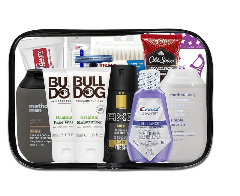 Mens Travel Toiletries Kit, Travel Bag of Hygiene Essentials for Bath, Shaving and Personal Care, 12 Mini TSA approved items in Reusable Zipper Bag, Valentine's Day, Travel, Business, Gifts & Charity