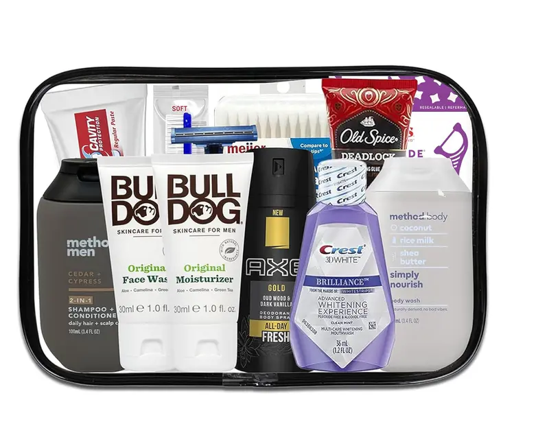 Mens Travel Toiletries Kit, Travel Bag of Hygiene Essentials for Bath, Shaving and Personal Care, 12 Mini TSA approved items in Reusable Zipper Bag, Valentine's Day, Travel, Business, Gifts & Charity