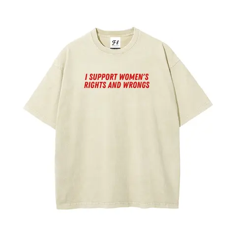 Men's Oversized Short-Sleeve Washed Batik Cotton Retro Graphic Tee - Unisex Menswear, Stretch Fabric, "I Support Women's Rights And Wrongs" Slogan, Pre-Shrunk Super Soft Trending Clothes, S-5XL Casual Streetwear Plus Size Top