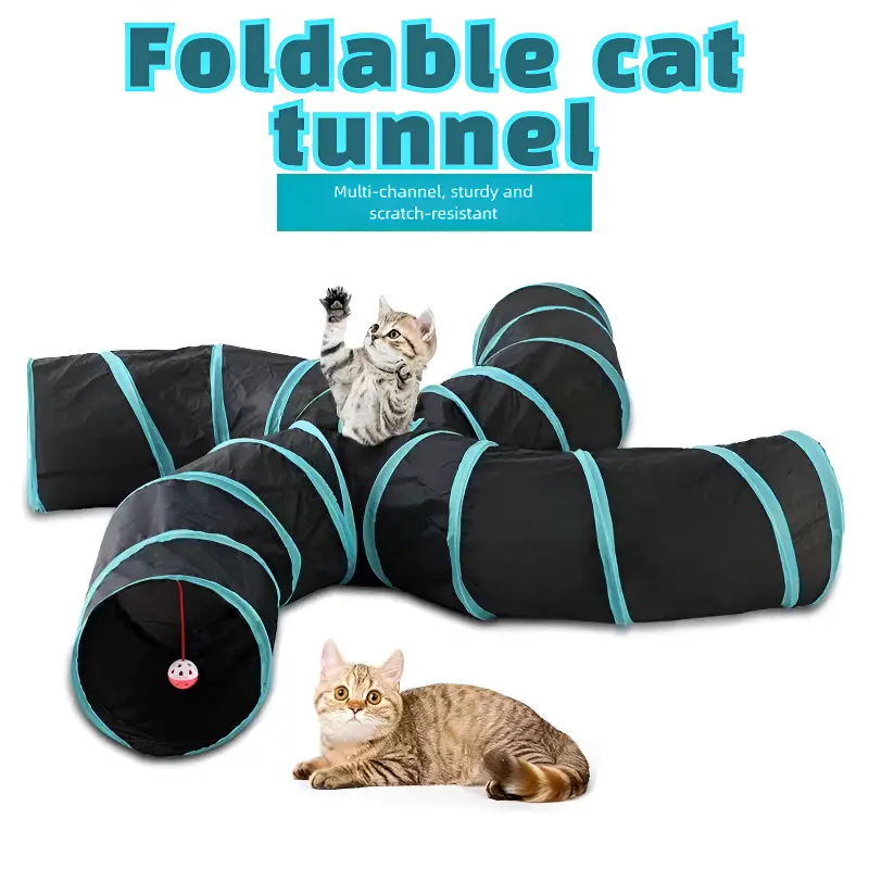 Large Polyester 4-Way Collapsible Tunnel for Kittens - Indoor Interactive Play Cat Toy with S-Shape Design, Peek Hole Sparks Curiosity, Universal Size, Stylish Addition (Blue & Black)