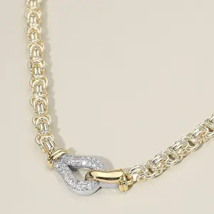 14K Gold Plated Two Tone CZ Stone Paved Loop Accent Abstract Chain Necklace