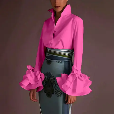 UOOZEE Women's Fitted Peplum Tops - Minimalist Solid Polyester Blouse with Ruffle Lapel, Button, Bow Detail, Long Sleeve Trumpet Cuffs, Machine Washable, Elevated Style for Office, Going Out