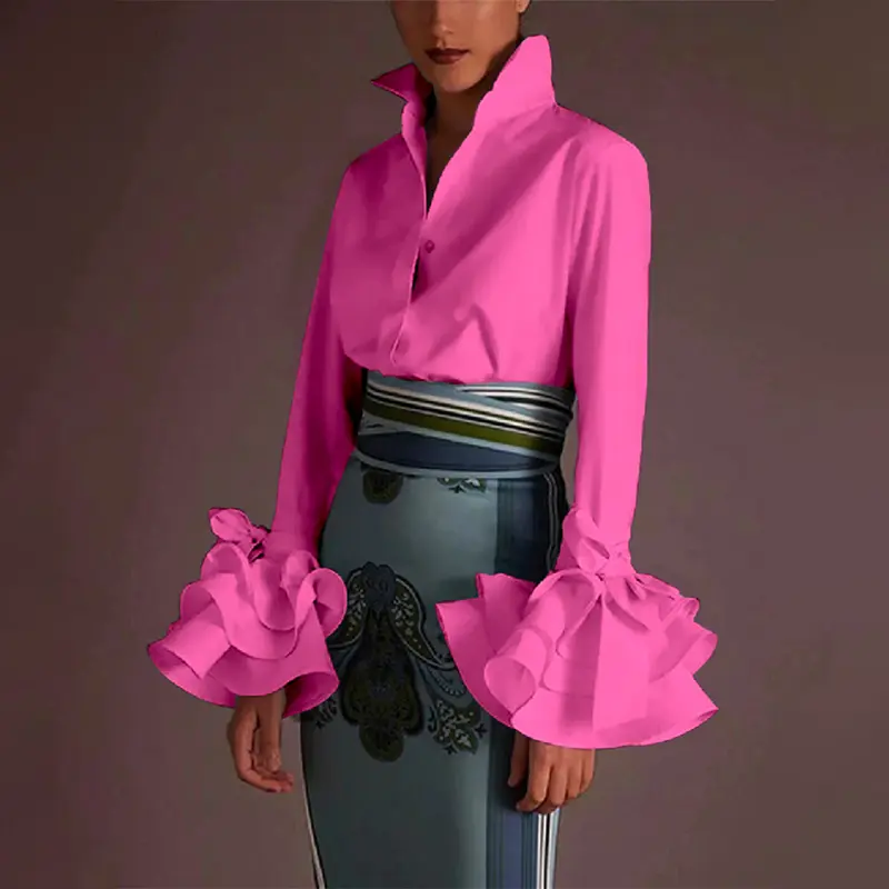 UOOZEE Women's Fitted Peplum Tops - Minimalist Solid Polyester Blouse with Ruffle Lapel, Button, Bow Detail, Long Sleeve Trumpet Cuffs, Machine Washable, Elevated Style for Office, Going Out
