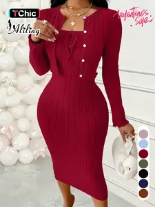 Aliling Women's Solid Button Front Crop Top & Ribbed Bodycon Dress Set, Fashion Cozy Two Piece Outfits for Daily Outdoor Wear, Women Clothes for Spring