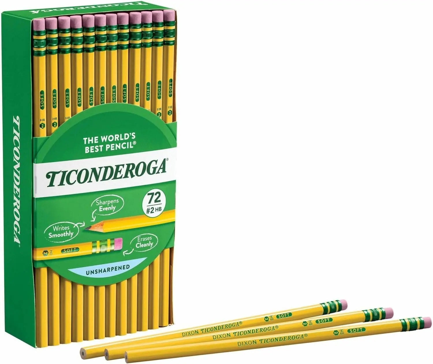 Ticonderoga Wood-Cased Pencils, 72 Count, #2 HB Soft Oversized Pencils with #2 Graphite Formula, Broad Consistent Lines, Eraser-Tipped, Ideal for Children (X33904), Ergonomic Design