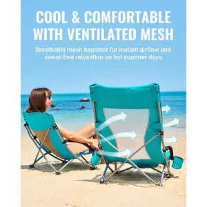 KingCamp Low Beach Chair 2-Pack, High Back Folding Camping Chairs for Adults, Ergonomic Low Sling Design (8.6" Seat), Oversized Breathable Mesh Seat, Lightweight 6.6lbs, 300lbs Heavy Duty Portable Chairs with Cup Holder & Storage Pockets for Beach