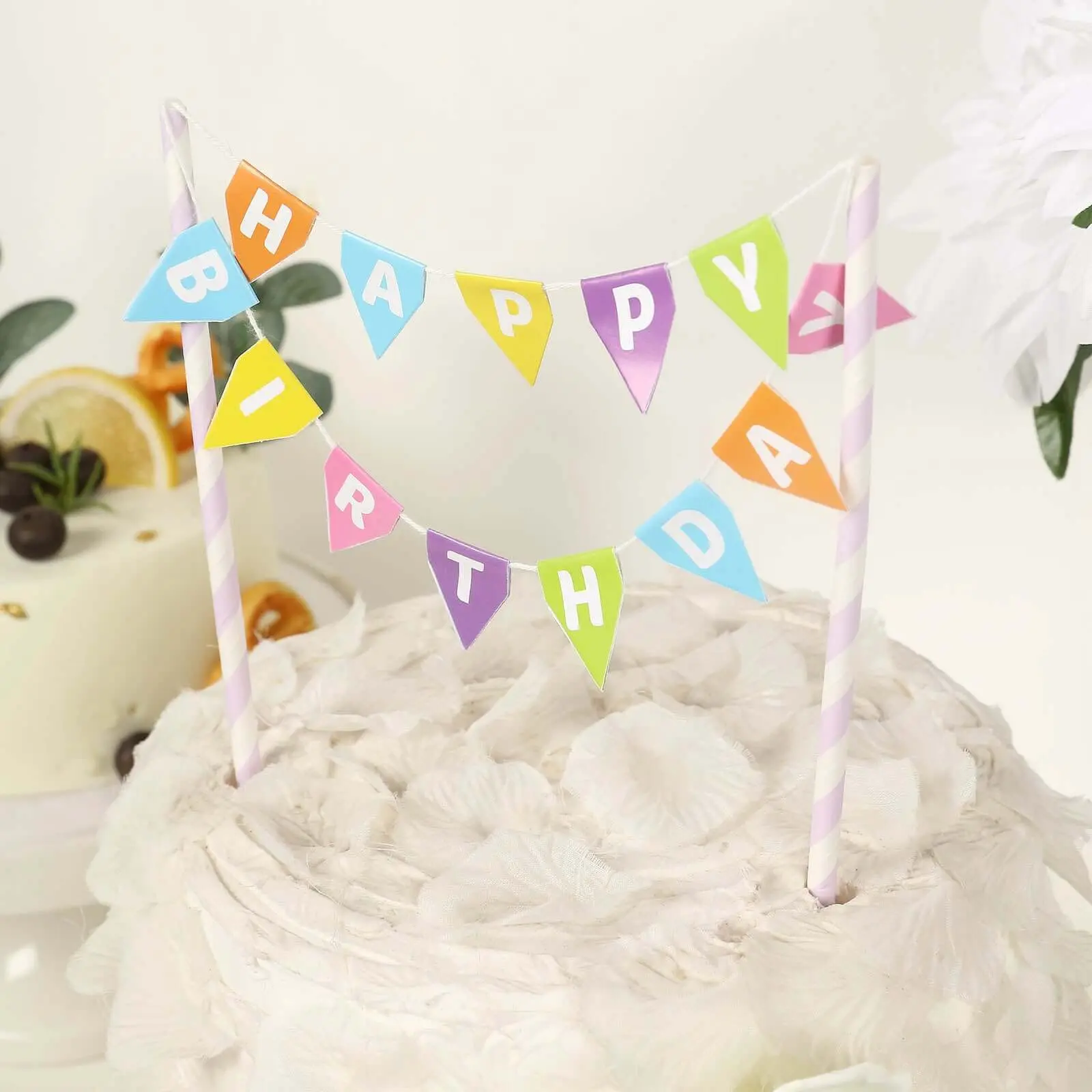 Colorful Happy Birthday Slogan Cake & Cupcake Toppers, Disposable Plastic Multi-Color Bunting Garland with Lavender Lilac Straws, Cake Decorating Supplies for Birthday Party DIY Decor, Cheese Pairing Festive Accent