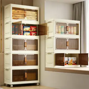 Large Capacity Wheel Storage Cabinet No Assembly Transparent Visible Door Stackable Combine Home Living Room Study Clothing Snack Sorting Organizer