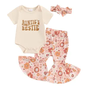 Aunties Bestie Baby Clothes Girl Baby Girl Aunt Saying Letter Romper T Shirt Tops Floral Print Flare Long Pants Headband 3Pcs Outfits