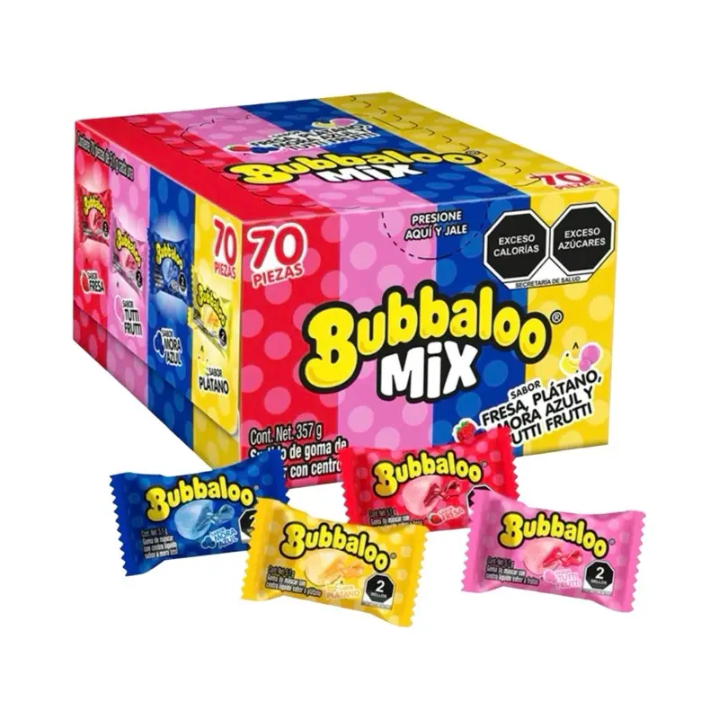 Bubbaloo Mix Flavor (70 Pieces) Liquid-Filled Center Bubble Gum, Mexican Candy, Dulces Mexicanos, Flavors Fresa, Mora Azul, Banana, and Tutti Frutti