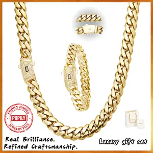 14K Gold-Plated Cuban Chain Set: Necklace & Bracelet Duo with Exquisite Craftsmanship and Shimmering White Stones, Timeless Miami Design, Perfect Gift for Him or Her，Mother's Day and Father's Day Gifts
