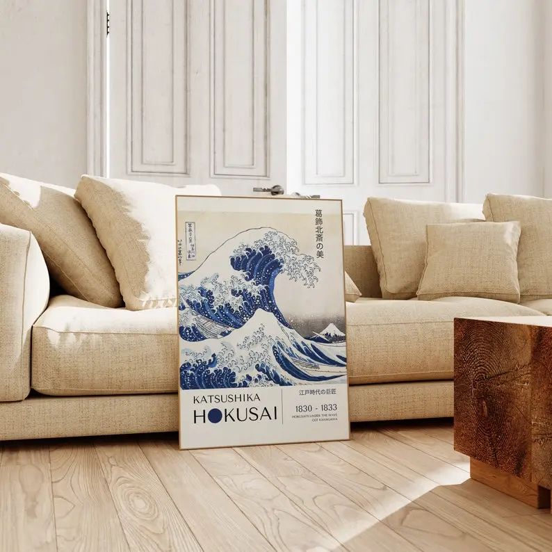 Katsushika Hokusai "The Great Wave" Unframed Paper Poster, Japanese Graphic Print, Multi-Size (11x17, 12x18) Bordered Japandi Home Decor Wall Art for Room Walls