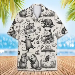 Funny Opossum Hawaiian Shirt Men Women Youth, Vintage UFO Coffee Possum Shirt, Weird Animal Aloha Button Down Short Sleeve