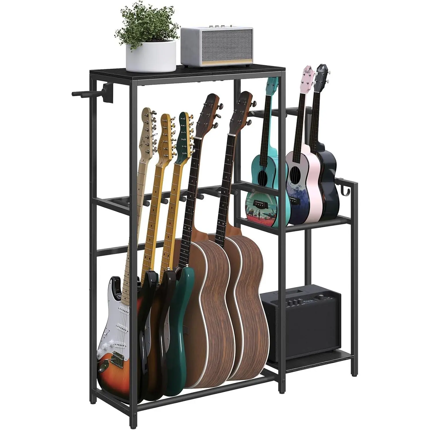 Guitar Stand, Multi-Guitar Rack, for Acoustic, Electric Guitar, Bass, Ukulele, Banjo, for 7 Guitars, Guitar AMP Stand, Record Rack, with Guitar Accessory Holder, EVA Cover, for  Studio, Black GSHB8701