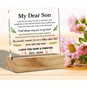 My Dear Son Acrylic Plaque with Wooden Stand, Sentimental Quote Keepsake Gift from Mom, "I Love You Now & Forever" Desk Decor Sign, Heartfelt Birthday & Graduation Gift for Son