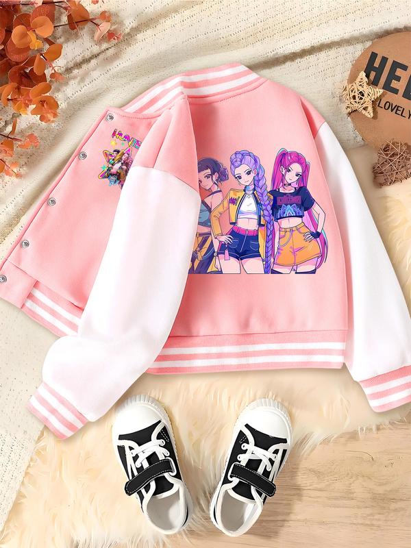 KPOP-Huntress Girl Group  Girls Short Baseball Jacket with Cartoon Design, Fitted Activewear for Kids, Elastic Fabric for Fall & Winter, Trendy School Uniform for Halloween