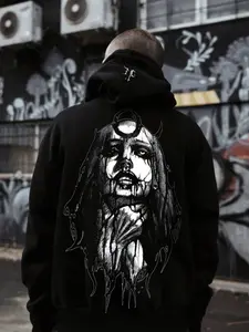 Men's Casual Hooded Sweatshirt Witch Head Graphic, Fall & Winter Comfortable Trendy Long Fitted Pullover, Versatile Autumn Clothing, Gothic Printed Hoodie