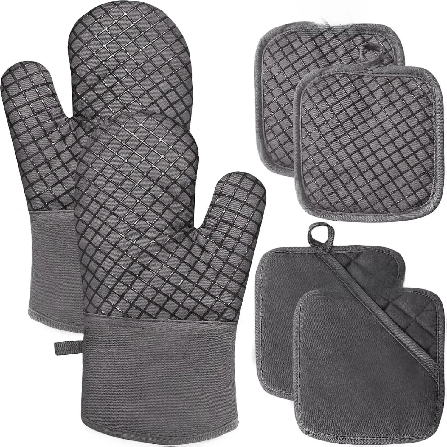 4 Pcs Heat Protection Anti-Burn Non-Slip Grip Oven Mitts and Pot Holders - 500°F Resistant, Thick Cotton, Silicone Surface, Long Protective Cooking Gloves for Baking, Grilling (Bakery Use Included)