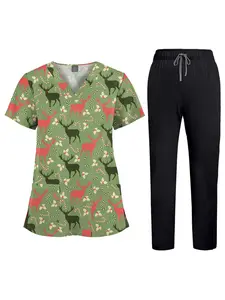 Women's Printed Elastic Scrubs Set | V-Neck Short Sleeve Functional Uniform for Veterinary Clinics, Luxury Spa Attendants, Pet Grooming Salons, and Wellness Centers Clothes