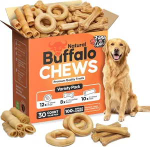 Fang & Claw Buffalo Cheek Dog Chews Variety Pack – 30 Count Natural Rawhide-Free Chews | Rings, Bones & Rolls for Long-Lasting Dog Treats