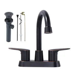 WOWOW Oil Rubbed Bronze 3-Hole 4-Inch Centerset Bathroom Sink Faucet, Modern Industrial Design, Temp Control, Popup Drain Assembly, Included Hoses, RV Compatible
