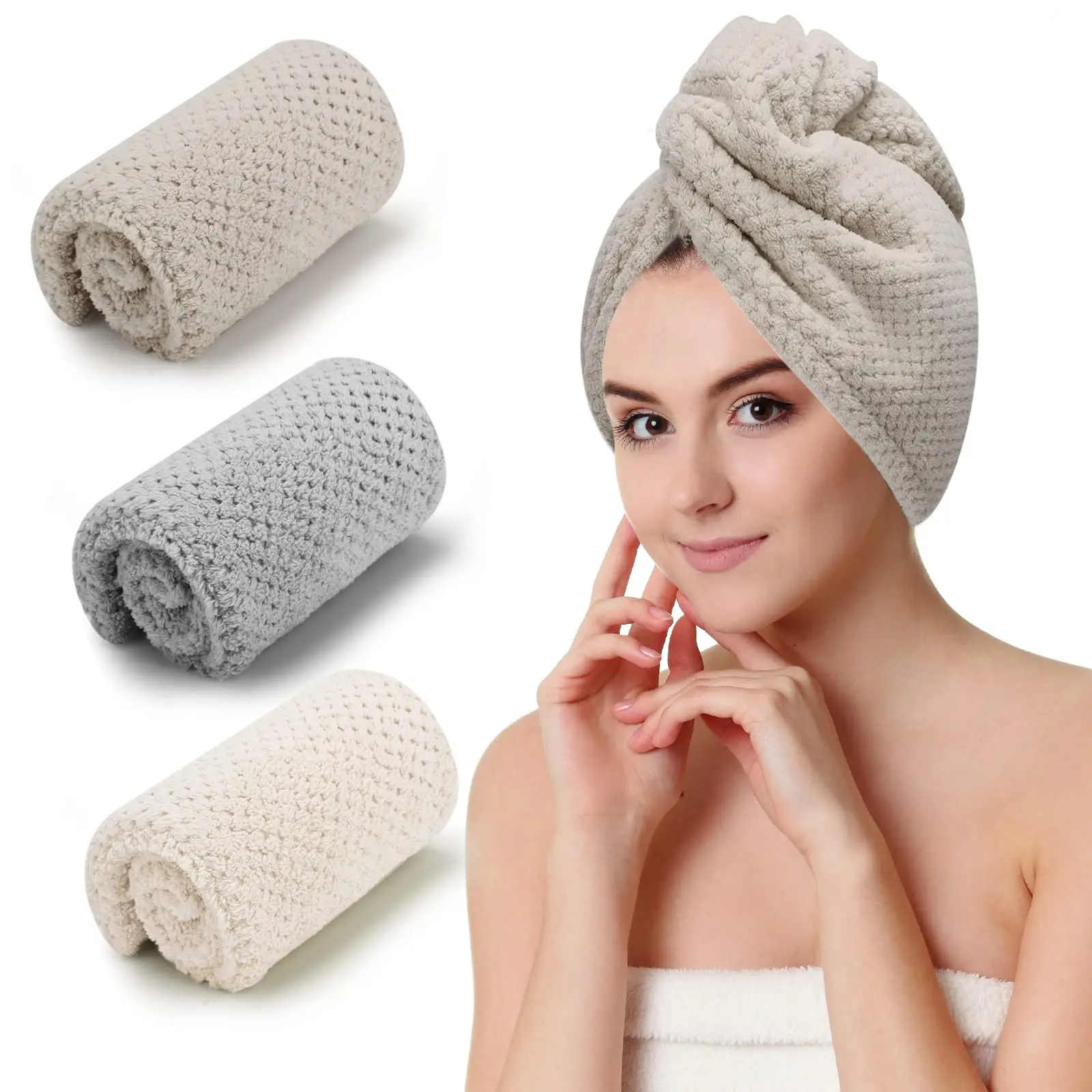 3 PCS Microfiber Hair Towel, Hair Wraps for Women Wet Hair, Fast Drying Hair Turban, Anti Frizz Head Towels Wrap for Curly Hair