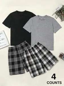 Men's 4-Piece Plaid Pajama Set | 2 Solid Tees & 2 Plaid Shorts Loungewear Set | Soft Breathable Cotton Blend Sleepwear for All Seasons & Daily Relaxation