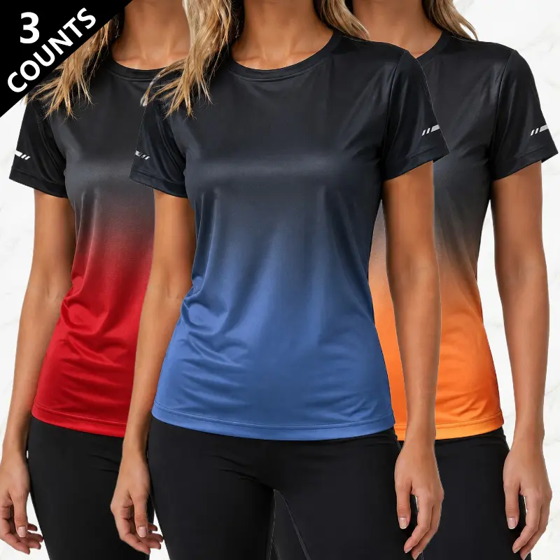 Set of 3 women’s quick-dry gradient color short-sleeve T-shirts. Lightweight gradient colors for summer. Loose crew-neck casual athletic top. Breathable, non-stretch fabric suitable for the gym. Yoga. Everyday outfits. Soft-touch 3-piece set.Summervibes