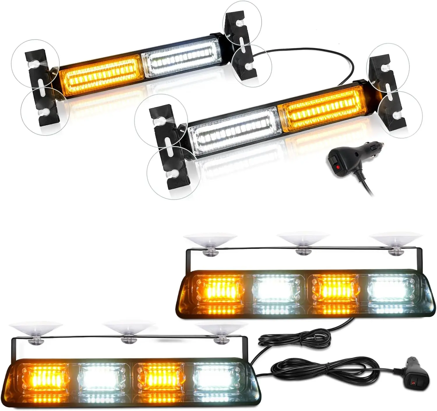 HLauto Bundle-2 Items: 1002L Emergency Strobe Traffic Advisor Light Bar, 40LED 2x10.7 Safety Warning Flashing Light (Amber White) + 2002L Dash Strobe Lights, 48 2x8.5 Hazard Lights (Amber White)