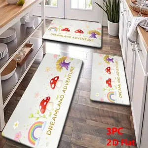 2/3PCS Dreamland Adventure Kitchen Mat Set, Home Decor Rug, Rainbow Mushroom Design, Non-Slip & Absorbent, Perfect for Bathroom & Laundry Room