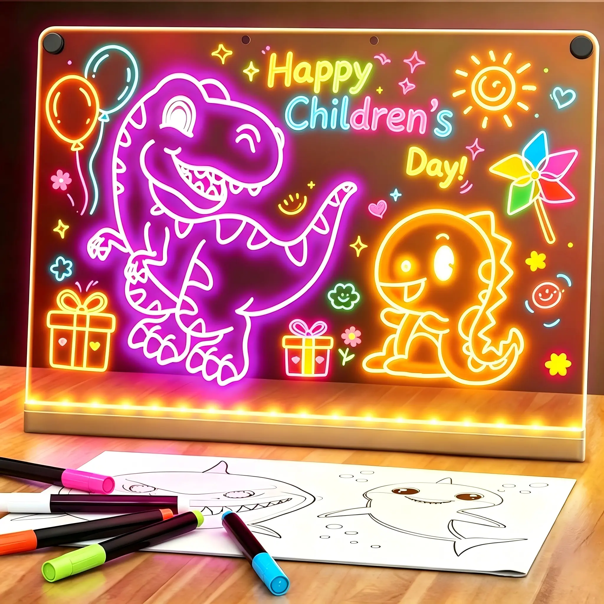 14-Inch Rechargeable LED Electronic Whiteboard - 1pcs, 7-Color Backlight Neon Dry Erase Drawing Pad with Built-in Stand (11.81”x7.87”), 5 Markers, Tracing Book, 4 Adjustable Display Modes, Girl Gift, Boosts Engagement, Reduces Screen Dependence