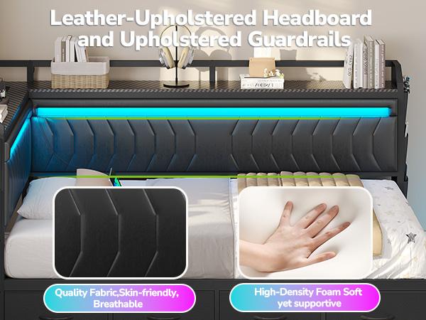 Hasuit L-Shaped Corner Bed Frame - Leather Upholstered with Pull-Stitch Detailing, 4 Storage Drawers, LED Light, Metal Legs, 500lbs Load Capacity, Convertible Daybed (Esports Style)