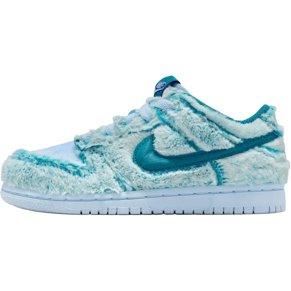 Nike Dunk Low 'Abominable Snowman' Youth-Women's Closed Trainer, White Leather Sneaker with Red-Blue Accents, Cushioned Sole, Durable Outsole, Casual Sports Footwear Shoe, Girl, Sports Shoes
