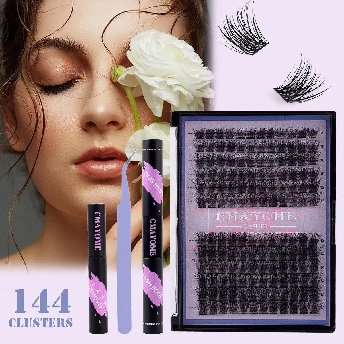 Individual False Eyelashes with Bond & Sealing & Tweezers, 144 Clusters Natural Look Eyelash Extensions, Self Grafting Curl Eyelashes for Women & Girls, Makeup