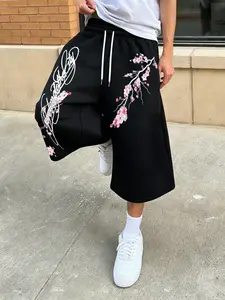 Men's Loose-Fit Cherry Blossom Print Gym Shorts, American Street Style Pants, Summer Casual Wide-Leg Mid-Length Trousers