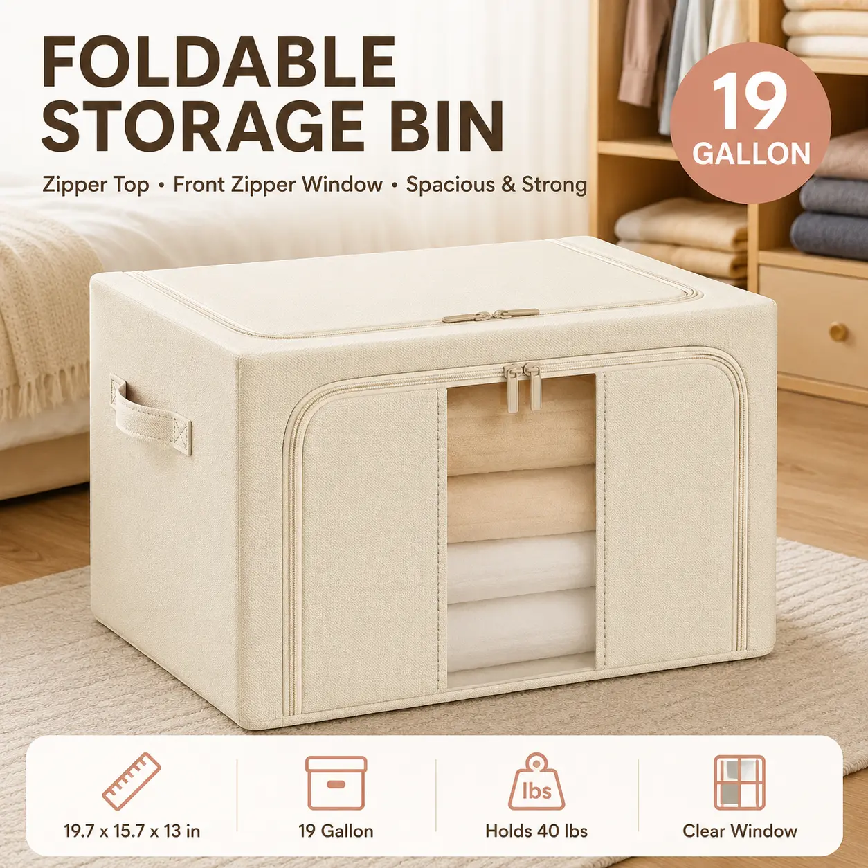1 Pack Large Capacity Clothes Storage Box,Foldable Blanket Storage Bags with Zippers, Clear Window and Reinforced Handles, Closet and Organization for Clothing, Sweater, Comforter, Bedding,Foldable Oxford Bedding Organizer, storage organization