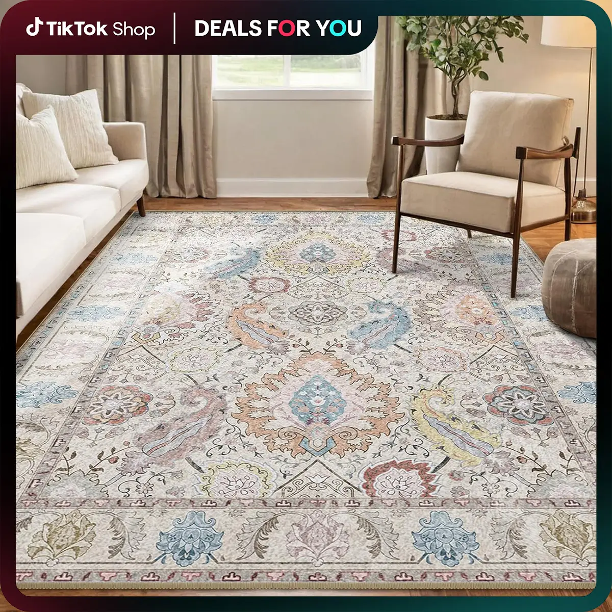 RELEANY Washable Rugs for Living Room, Boho Area Rug Carpet Non-Shedding High Traffic Machine Washable Rugs for Bedroom Kitchen Entrance Indoor Outdoo